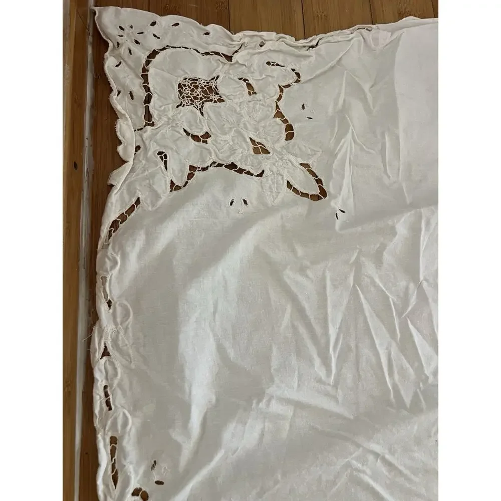 Vintage Cotton Full Beige Flat Sheet Embroidered Floral Crochet French Country
